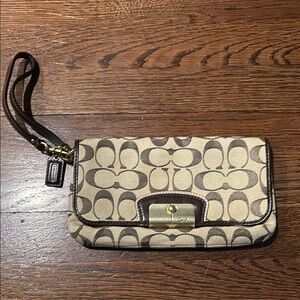 Coach Signature Wristlet in Brown and Beige